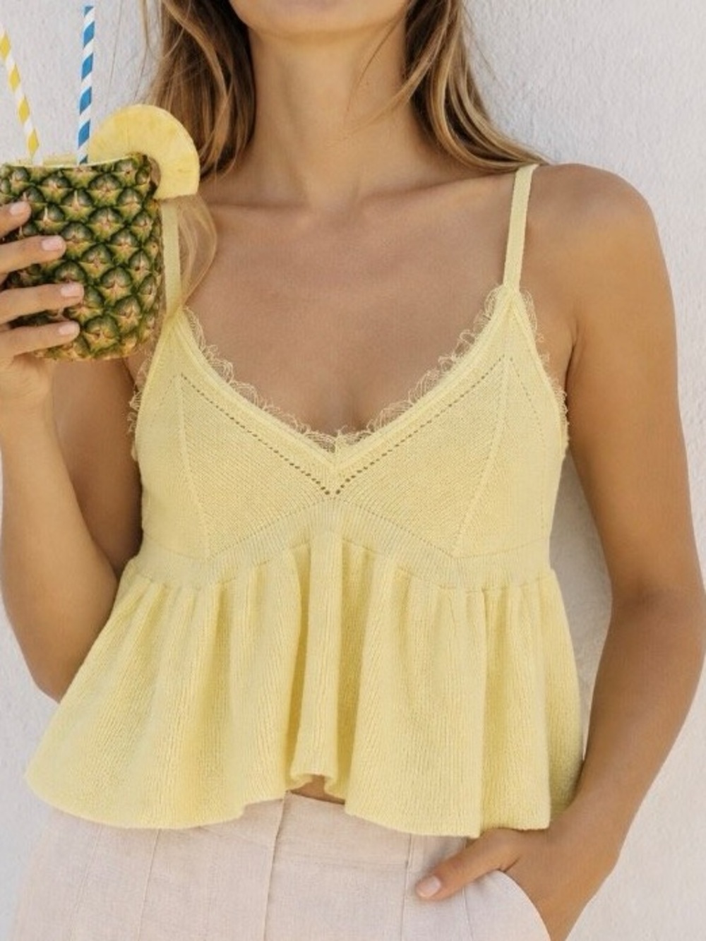 Zara Pale Yellow Lace-Trim Knit Peplum Tank Top